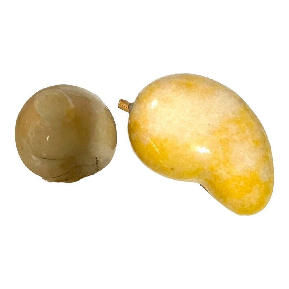 Lot of 2 Alabaster Mango Kiwi Stone Fruit Hand Carved 3” Vintage Italian Italy